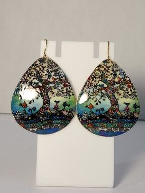 Stunning!! Tree of Life Japanese Inspired Art Teardrop Earrings NWT VTG